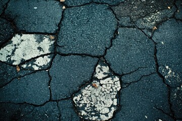 Cracked asphalt pavement, showing weathered patches of gray and white discoloration  Dark, textured...