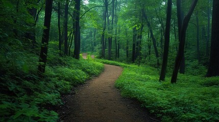 Winding pathway through an enchanting forest offering an immersive natural experience