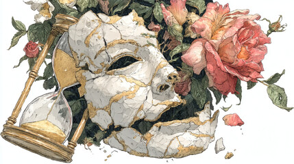 Cracked Mask Surrounded by Roses and Hourglass Symbolizing Time
