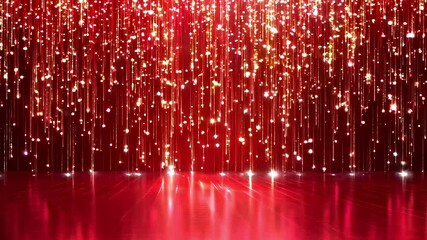 Golden glitter particles falling on red background