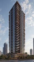 Fototapeta premium Modern high rise building with glass facade and surrounding urban landscape