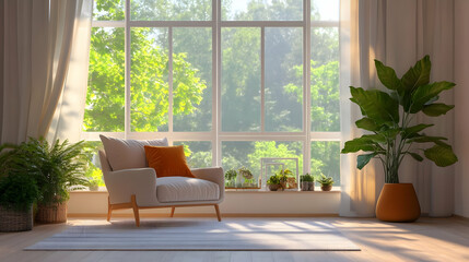 Bright Airy Living Room with White Armchair and Green Plants Near Large Window with Natural Light Streaming Through Creating a Calm and Inviting Atmosphere