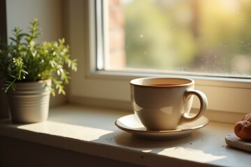 Cozy morning coffee windowsill with plants