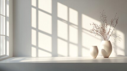 Minimalist White Vases with Dried Branches in Sunlight