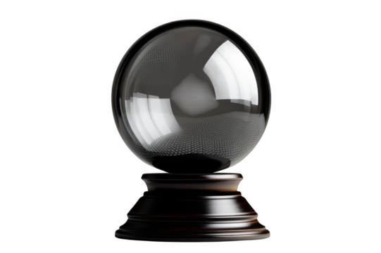 Empty crystal ball resting on wooden base with transparent background