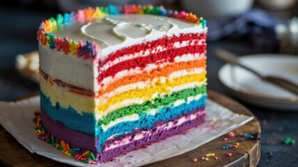 Rainbow layer cake with colorful sprinkles and white frosting on board