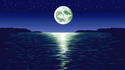 Majestic night scene featuring a large moon over tranquil water.