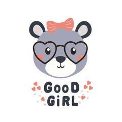 Cute bear in glasses with a bow and the inscription 