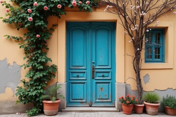 Fototapeta premium Charming doorway with blooming plants