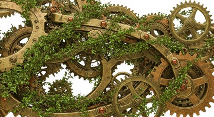 Fototapeta premium Steampunk gears covered in green foliage nature reclaiming industry intricate details and textures showing the balance between technology and nature