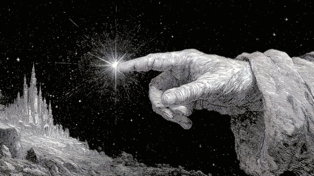 Divine Touch of Creation Illuminates Cosmic Landscape at Night