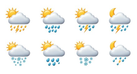 Weather forecast icons set featuring sun, clouds, rain, snow, thunder, and moon elements for weather prediction and meteorology applications