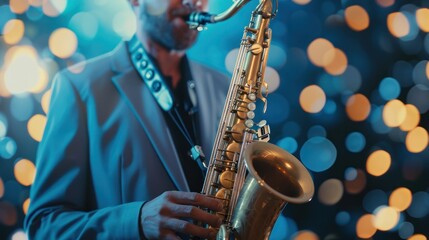 Fototapeta premium Professional male jazz musician playing a golden saxophone du a live performance at night with colorful blurred stage lights background