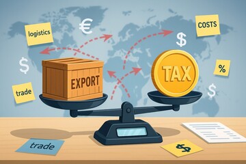 A scale balances an export crate and a tax coin, highlighting global trade, costs, and logistics on a world map background.
