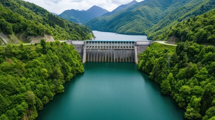 Fototapeta premium Scenic view of a large dam with multiple spillways spanning across lush green mountains and a deep turquoise reservoir in a remote forested landscape under clear sky