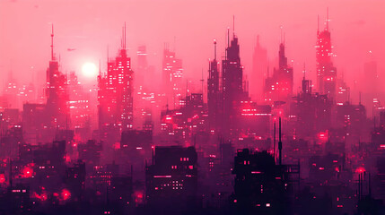 Fototapeta premium Dense Red Futuristic Cityscape at Sunset with Glowing Lights and Architectural Skyline in an Urban Environment
