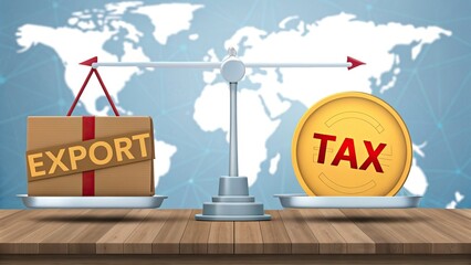 Trade War, A scale balances a box labeled "EXPORT" and a coin labeled "TAX" against a world map background, symbolizing export taxes and international trade.