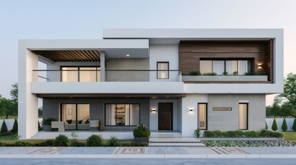 Fototapeta premium Modern two-story house with contemporary architectural design featu large spacious balconies and landscaped front yard under clear sky