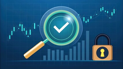 cybersecurity antivirus compliance, A magnifying glass, a checkmark, and a padlock overlay stock market graphs, symbolizing secure data analysis and financial verification.