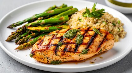 Delicious grilled chicken breast with crispy roasted asparagus and flavorful couscous garnished with herbs served on a white plate