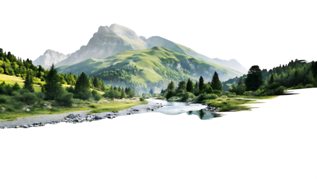 Mountain and river landscape nature isolated on white background PNG