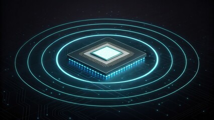 cybersecurity malware resilience, A glowing microchip surrounded by digital circuits and concentric light rings, symbolizing advanced technology and connectivity.
