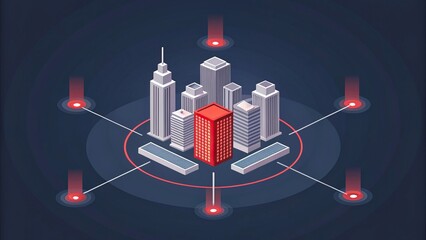 cybersecurity malware resilience, Isometric illustration of a digital cityscape connected by red data points, representing smart city technology and urban connectivity.