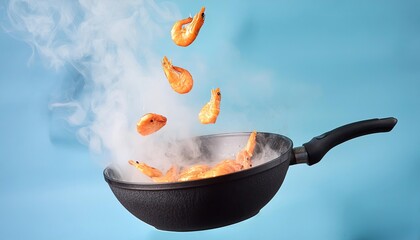 Juicy shrimp being tossed in a steaming hot frying pan against a blue background.
