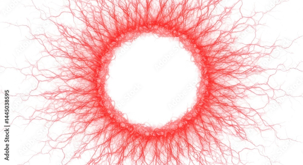 Poster abstract red ring with branching lines on a white background creating a circular design art