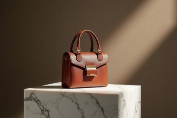 Elegant brown handbag on marble pedestal