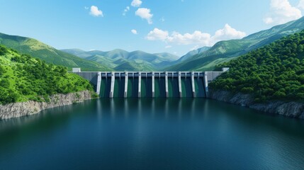 Fototapeta premium Beautiful scenic view of a large dam with multiple spillways and water releasing into a deep reservoir surrounded by lush green mountains on a bright sunny day