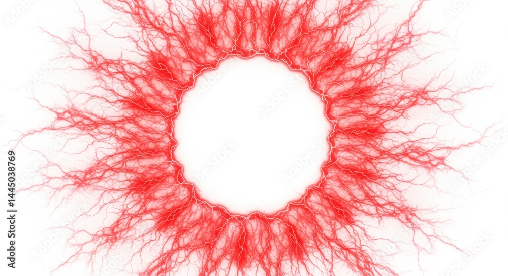 Poster a red circular burst pattern with branching lines radiating outwards on a white background space