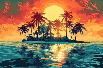Tropical Island with Palm Trees at Colorful Sunset, Ocean Landscape, Paradise