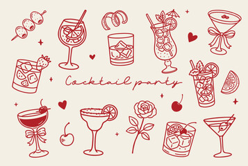 Hand-drawn cocktail party clipart set – trendy outline illustrations of summer drinks, glasses, fruit and party elements in doodle style