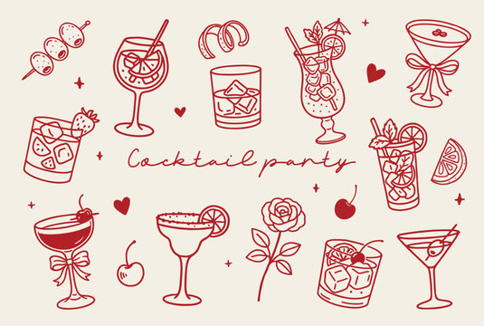 Fototapeta Hand-drawn cocktail party clipart set – trendy outline illustrations of summer drinks, glasses, fruit and party elements in doodle style
