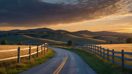 Scenic country road through rolling hills at sunset