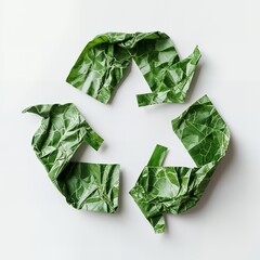 Green leaf-patterned recycle symbol on white background, eco concept design. Save the planet.
