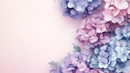 Fototapeta premium hydrangea frame background for Birthday and wedding cards with copy space. watercolor drawing of flowers. Festive flower concept with space for text. pastel wallpaper. Floral banner, greeting card
