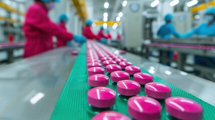 Obraz premium Modern pharmaceutical manufactu facility with pink tablets on a conveyor belt surrounded by workers in colorful protective uniforms and hairnets in a clean industrial environment