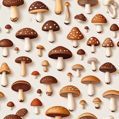 Seamless Pattern of Various Brown Mushrooms on Light Background
