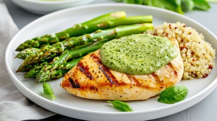 Healthy grilled chicken breast served with fresh green asparagus, green herb sauce, and cooked quinoa on a white oval plate, nutritious meal presentation