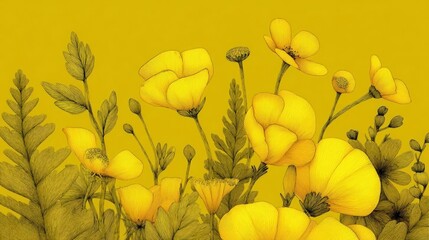 Digital illustration of a group of yellow flowers. the flowers are arranged in a cluster, with some overlapping each other.
