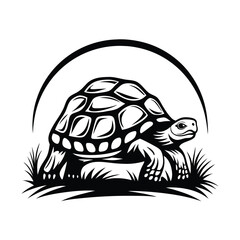 Monochrome Turtle Walking Silhouette in Grass with Abstract Arch Element Above
