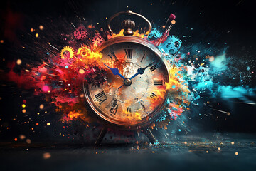 A vintage clock surrounded by colorful explosions and gears on a dark background with bokeh lights
