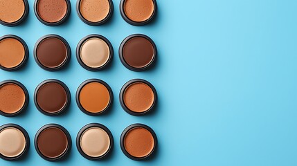 A variety of foundation makeup shades in round containers arranged on a blue background.