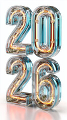 Futuristic Neon Glass 2026 Numbers in 3D Render on White Background