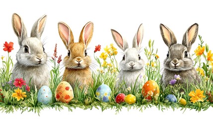 Four bunnies nestled in spring flowers with Easter eggs