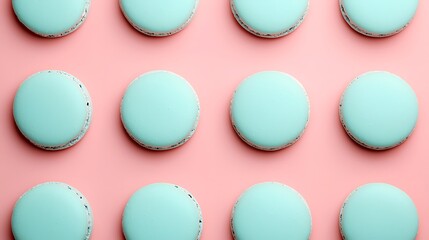 Obraz premium Blue macarons arranged in a neat grid pattern on a pastel pink background.