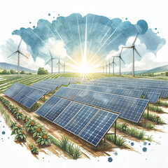 Sources of alternative energy. Illustration of solar panels and windmills in watercolor style. Solar and wind power stations. Eco energy
