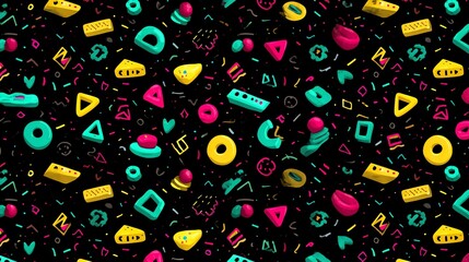 Naklejka premium A vibrant Memphis-style geometric pattern in bold colors, blending retro and modern vibes. Perfect for prints, wallpapers, and trendy designs. Seamless & eye-catching